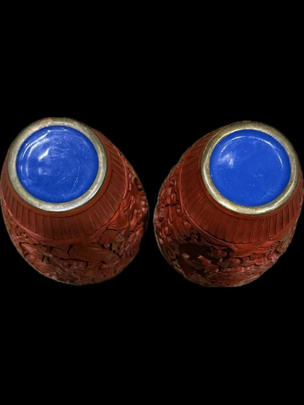 Pair of Authentic Republic Of China Vintage Chinese Cinnabar Lacquer Vases.